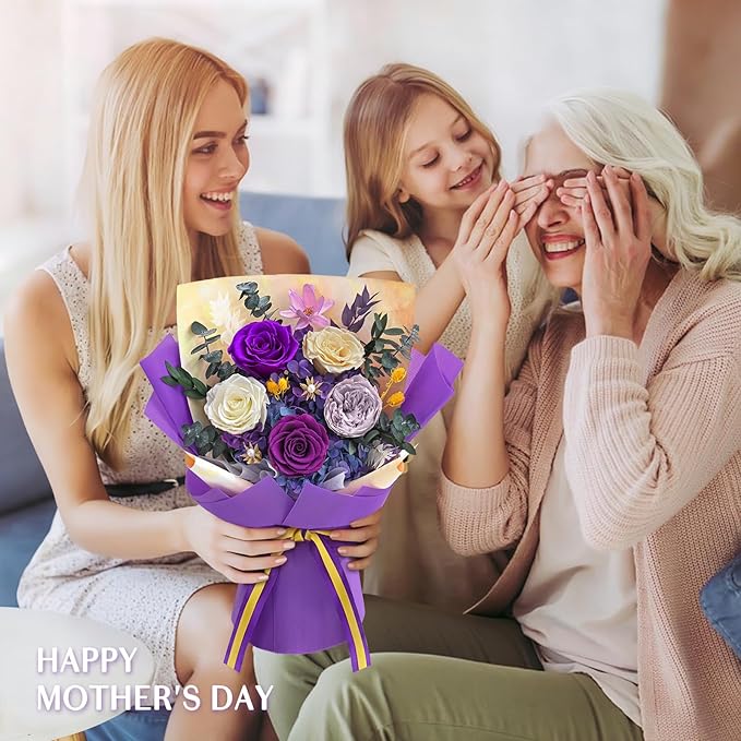5 Pcs Glitter Purple Preserved Roses Flowers Bouquet, Forever Rose Flowers for Delivery, Birthday Gifts for Women, Long-Lasting Red Roses with Vase Gift Box, Forever Flowers for Wife Mothers Day
