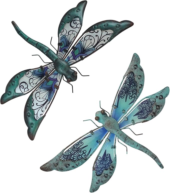 LIFFY Glass Metal Dragonfly Wall Decor Pair - Outdoor Wall Art for Garden and Home - Hanging Decor Gifts for Women, Light Blue