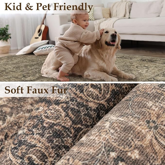 8x10 Washable Brown Area Rug Vintage Living Room Bedroom Carpet Non-Slip Medium Pile Thicker Distressed Indoor Large Throw Rug for Dining Room Office