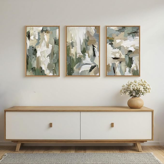Large Abstract Green Beige Framed Canvas Wall Art Set,Neutral Brush Stroke Watercolor Wall Painting,Modern Minimalist Artwork for Living Room,Bedroom,Dining Room,Office -24"x36"x3