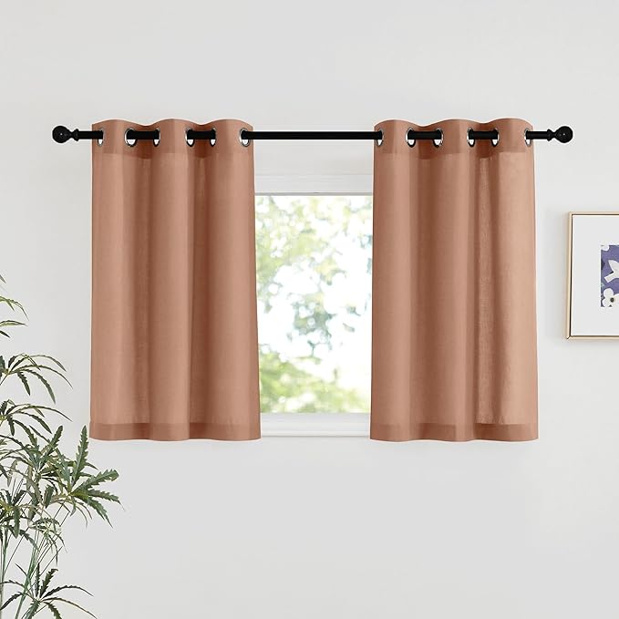 NICETOWN Terracotta Linen Kitchen Window Curtains Over Sink, Grommet Thick Linen Terracotta Short Window Treatments Privacy Assured with Light Filtering for Bedroom/Bathroom, W34 x L36, 2 Panels