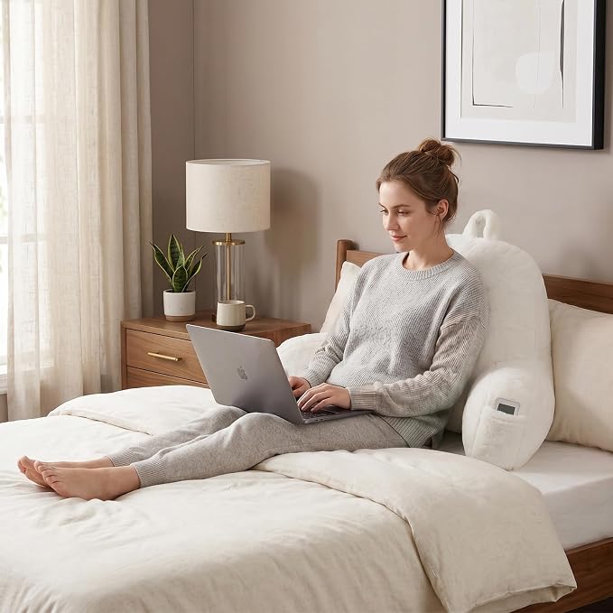 Soft Reading Pillow for Bed with Arms,Middle,White,Faux Fur | 17" Backrest for Gaming & Lounging,Oeko-TEX Certified Plush Back Pillow for Teens Room