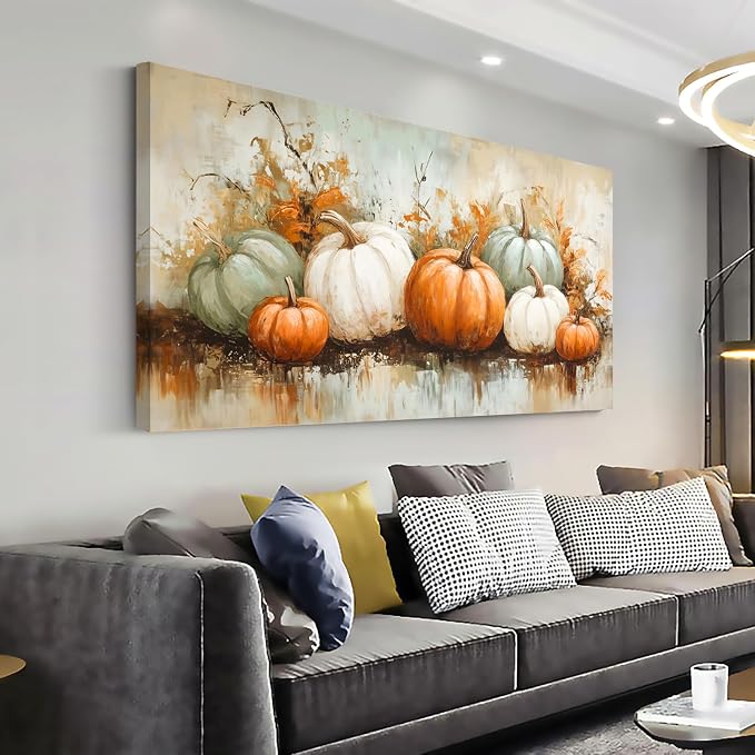 Ggaafet Autumn Pumpkin Wall Art for Living Room Canvas Oil Painting Prints Beautiful Fall Still Life Art Deco Retro Rustic Artwork Office Bedroom Farmhouse Dining Room Decor Extra Large