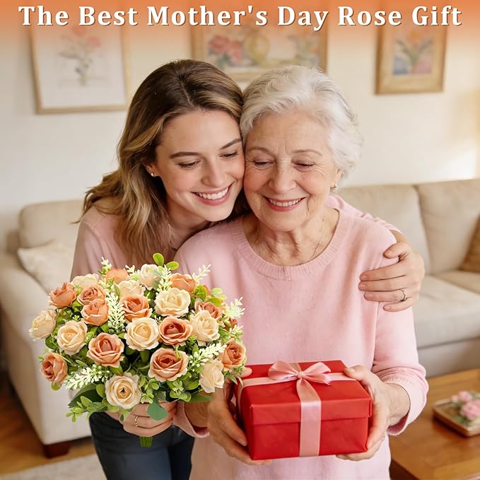 TURNMEON 40 Heads Fake Roses Artificial Flowers for Outdoors, 4 Bouquets UV Resistant Fake Flower Bouquet Faux Silk Roses for Wedding Birthday Home Mother's Day Cemetery Summer Decor(Vintage Coffee)
