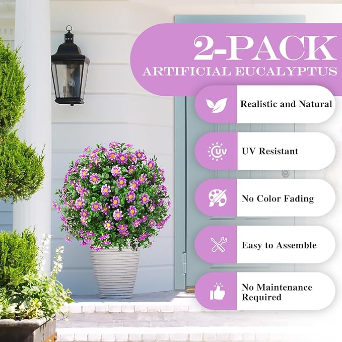 FAJUNZH Artificial Topiary Bushes for Outdoors with Spike, Boxwood Ball Fake Shrubs UV Resistant Faux Plants for Indoor Outdoor Fall Thanksgiving Halloween Decor (Sunflower Boxwood Purple -2 Packs)