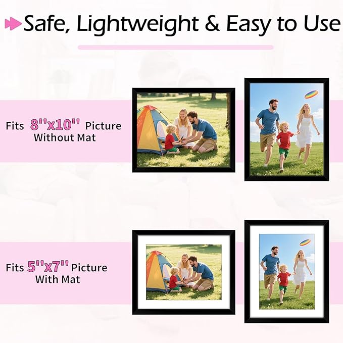 8x10 Picture Frame Set of 8, Black Photo Frames for Tabletop or Wall Display, Fits Pictures 5x7 with Mat or 8x10 Without, Frame Collage with HD Plexiglass for Home Wall Decor, with Gadget
