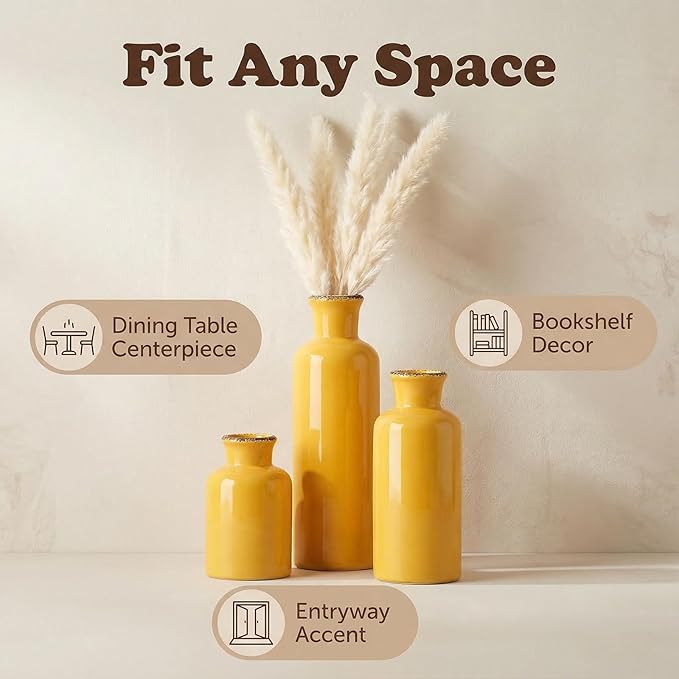 CwlwGO- Yellow Ceramic Vase Set,Modern Decorative Vases for Home Decor, Kitchen&Living Room Table Décor,Fireplace & Entrance centerpieces Decorations.