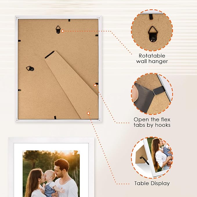 FIXSMITH 8x10 Picture Frame Set of 2, Photo Frame with HD Plexiglass, Display Pictures 5x7 with Mat or 8x10 Without Mat, White Picture Frames Collage for Tabletop or Wall Display (Pack of 2)