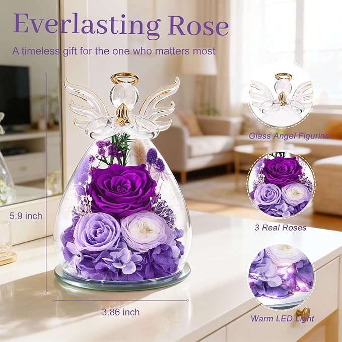 Bessol Gifts for Mom Birthday Flowers for Women Mothers Day Flowers for Delivery Preserved Roses Forever Flower in Glass Angel Figurines Fresh Eternal Rose for Grandma Wife Sister Daughter Friends