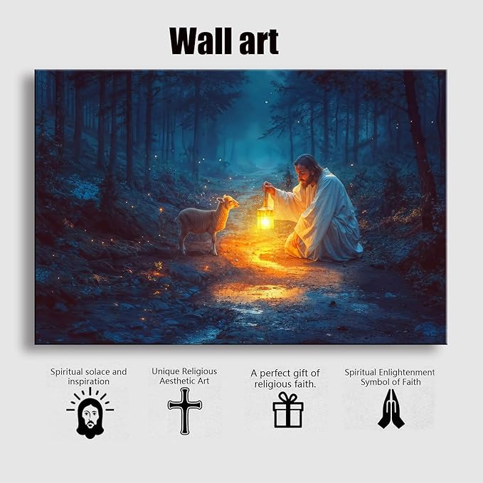 Christian wall art decor for prayer room ,Jesus and Lamb canvas Wall decor, Jesus Running After Lost Lamb Picture for Home Decor, Baptism gifts for boys-girl, serenity prayer wall art A-393 (24"X16")
