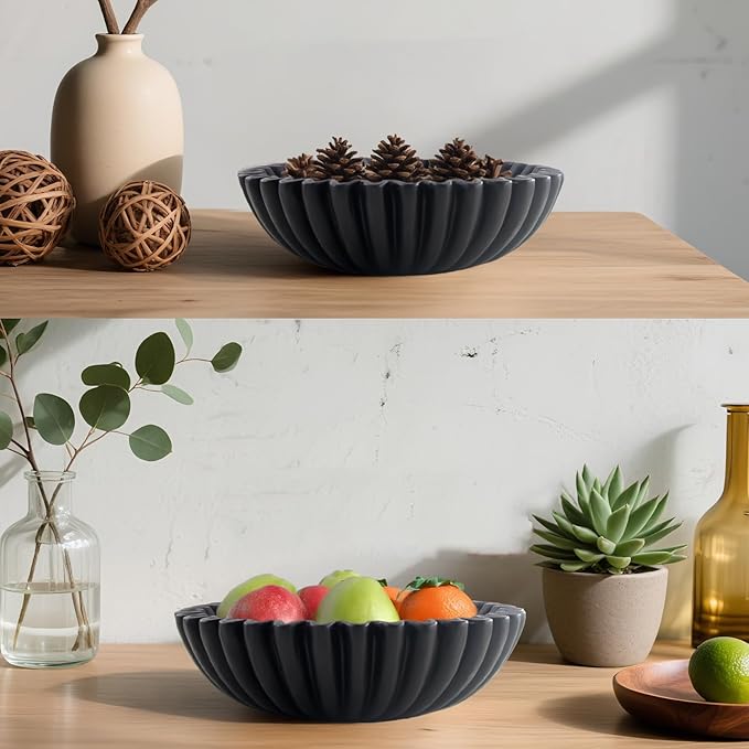 Large Modern Decorative Ruffle Bowl for Home Decor Fruit Bowl Organic Catch All Key Kitchen Entryway Shelf Coffee Table,Black