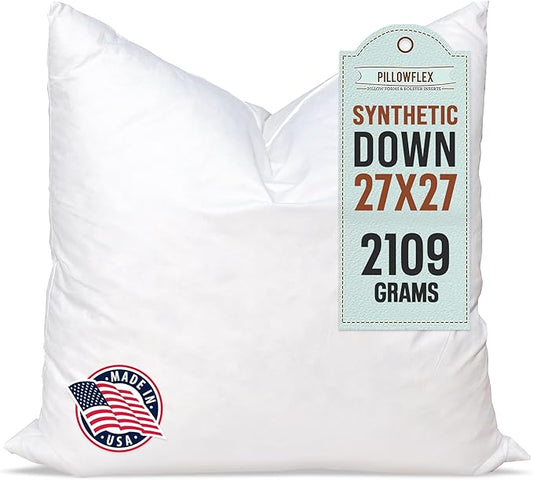 Pillowflex Synthetic Down Pillow Insert - 27x27 - Down Alternative Ultra Soft Large Square European Throw Pillow, Machine Washable - Couch Euro Sham, Lumbar, Bed, Sofa - 1 Decorative Accent Form