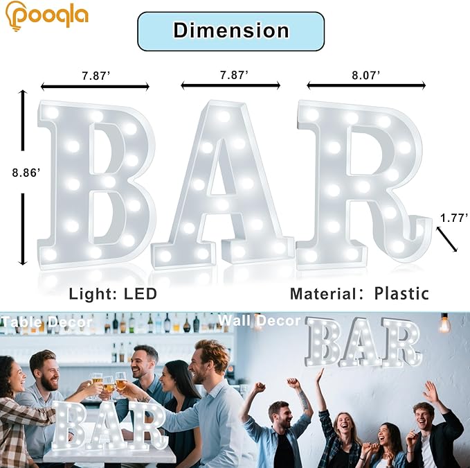BAR - Illuminated Marquee Bar Sign for home decor - Light up LED Marquee Word Sign - Pre-Lit Pub Light Battery Operated Valentines Day Gifts for Him (Cool White)