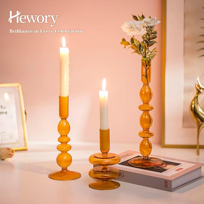 Hewory Glass Candlestick Holders: Light Amber Glass Taper Candle Holders Set of 3 Vintage Candle Stick Candle Holder, Colorful Glass Candle Holder for Table Centerpiece Wedding Dinner Party Home Decor