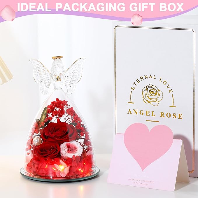 Mothers Day Rose Gifts for Women Preserved Real Flower in Glass Angel Figurines Roses for Delivery Prime Birthday Gifts for Mom Grandma Girlfriend Wife Her,Red Pink Austin Roses