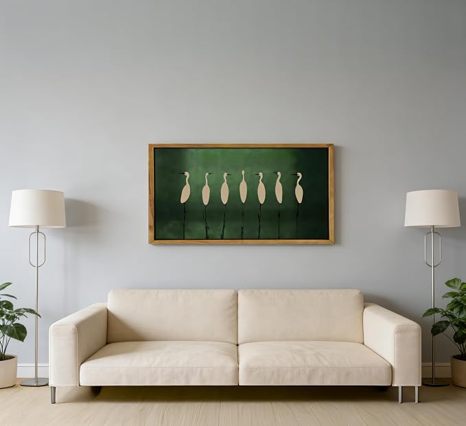 Large Wooden Framed Japanese Cranes Flock Wall Art,Vintage Bird Landscape Canvas Print,Modern Minimalist Picture Poster,Rustic Nature Animal Painting Artwork for Bedroom Living Room Office