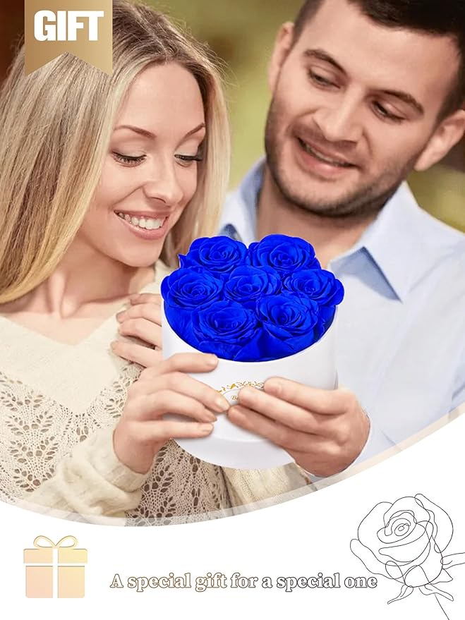 Beaulasting Long Lasting Preserved Roses in a Box Last a Year Forever Flowers for Her Mom Wife Anniversary Birthday (Round White Box, Royal Blue)