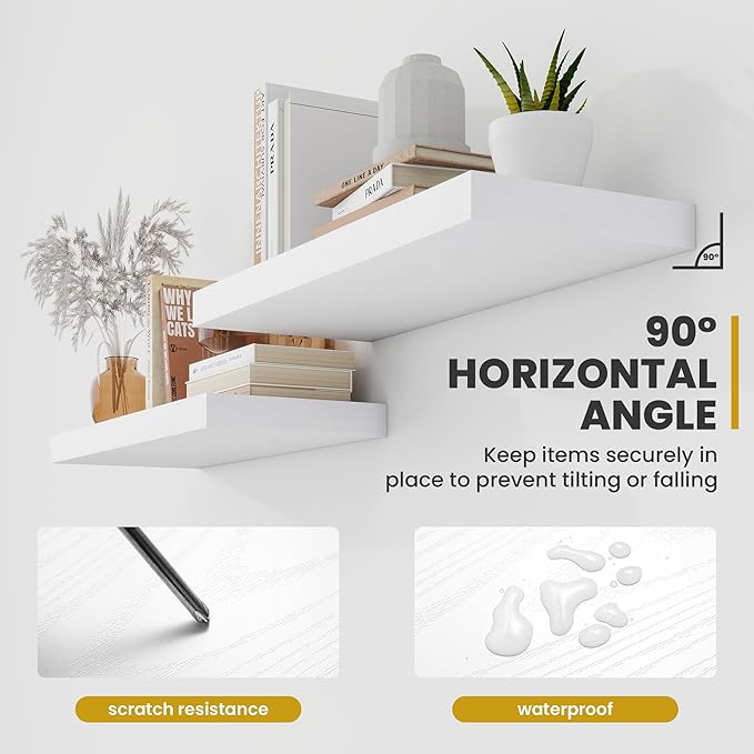 Acovy 24 Inch Floating Shelves, 9.3" Deep Floating Shelf Wall Mounted, 24" Wall Shelves, Rustic Deep Bookshelf, Large Display Shelves & Storage Shelves for Bedroom, Living Room, White, Set of 2
