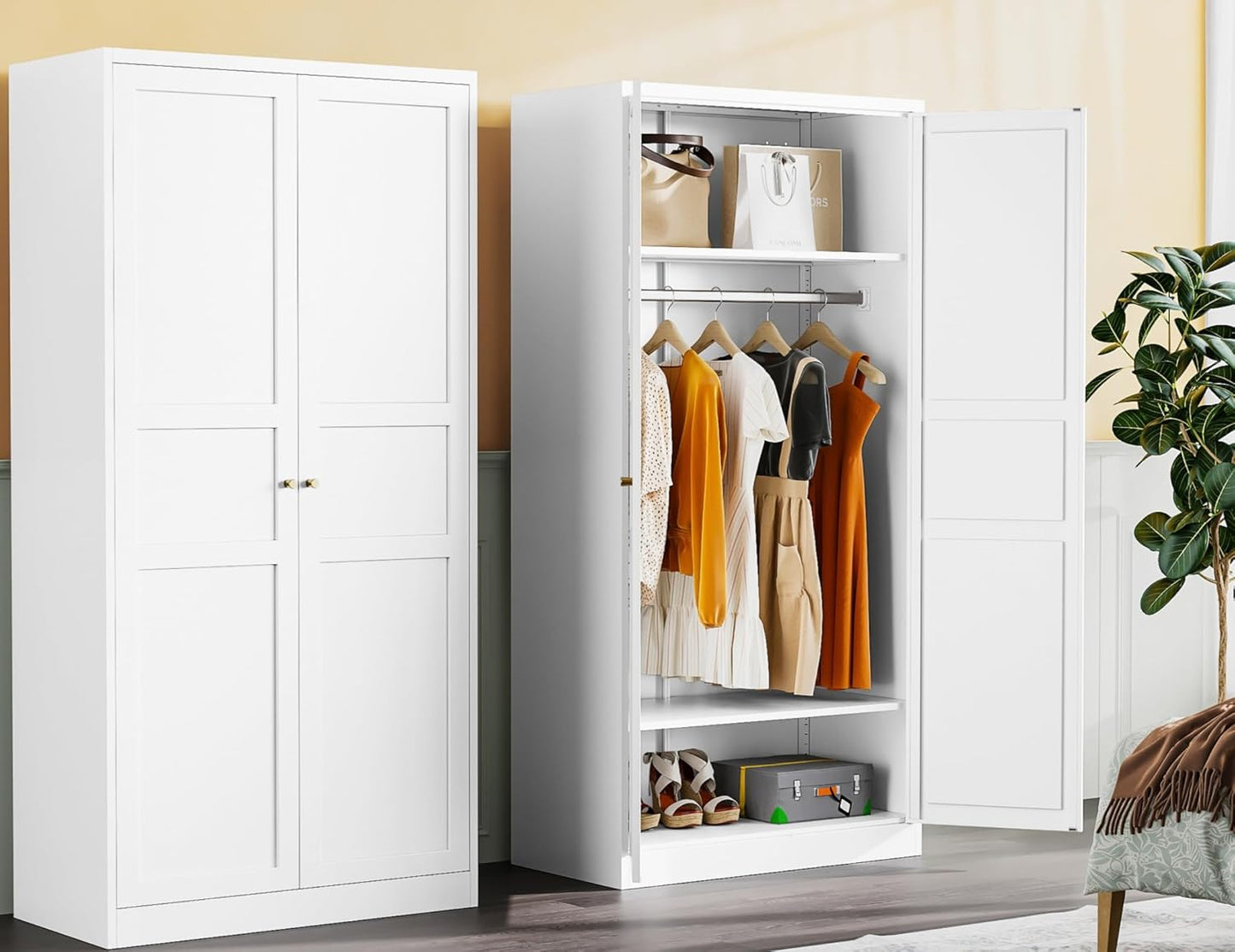 Metal Wardrobe Cabinet with Hanging Rod,White Armoire Wardrobe Closet,Metal Clothing Storage Cabinet with Adjustable Shelves and Doors,72" Wardrobes Storage Cabinet for Home,Living/Laundry Room