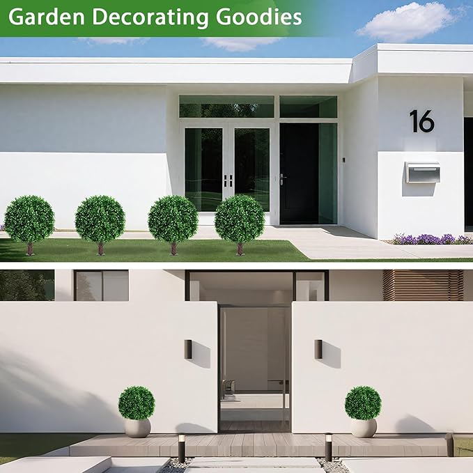 Yangrass Artificial Boxwood Topiary Ball Tree Set of 2, UV Resistant Artificial Outdoor Shrubs with Spike, Decorative Evergreen Fake Topiary Bushes Plant for Front Porch Garden