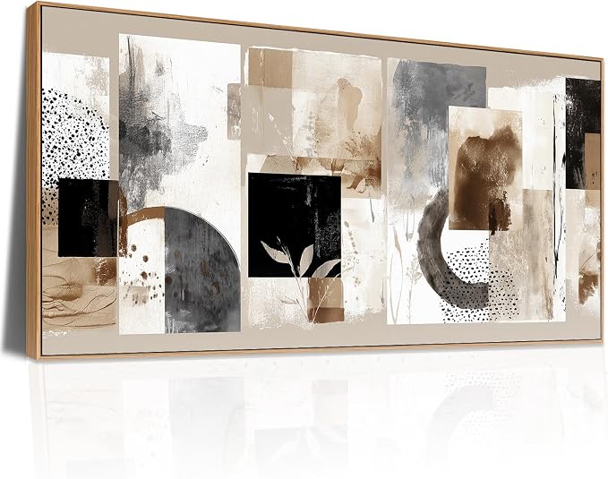 Sorbrozo Framed Abstract Collage Wall Art Modern Botanical Leaf Polka Dot Canvas Print Neutral Earth Tone Mixed Media Style Picture for Living Room Office Bedroom Decor 20x40 inch