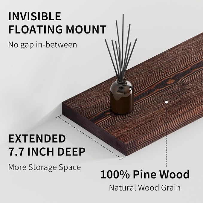 SAUMONIERES Floating Shelves 8 Inch Deep Solid Wood Wide Wall Shelf Set of 2 Wall Mounted for Bedroom Bathroom Living Room Kitchen, 24 Inch Walnut