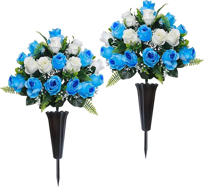 Lodou Set of 2 Artificial Cemetery Flowers, Memorial Flowers Bouquet,Grave Memorial Flowers with Vase for Cemetery Headstones Decoration (Blue White)