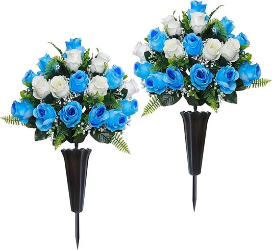 Lodou Set of 2 Artificial Cemetery Flowers, Memorial Flowers Bouquet,Grave Memorial Flowers with Vase for Cemetery Headstones Decoration (Blue White)