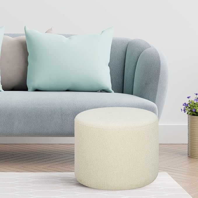 Studio Living Wentworth 19" Round Ottoman, Urban Transitional, Fully Assembled, Soft Boucle Fabric, Snow