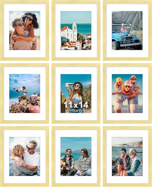 Vittanly 11x14 Picture Frames Set of 9, Shatter Resistant Plexiglass, Display 8x10 Pictures with Mat or 11x14 without Mat, Photo Frames for Wall or Tabletop, Engineered Wood, Gold
