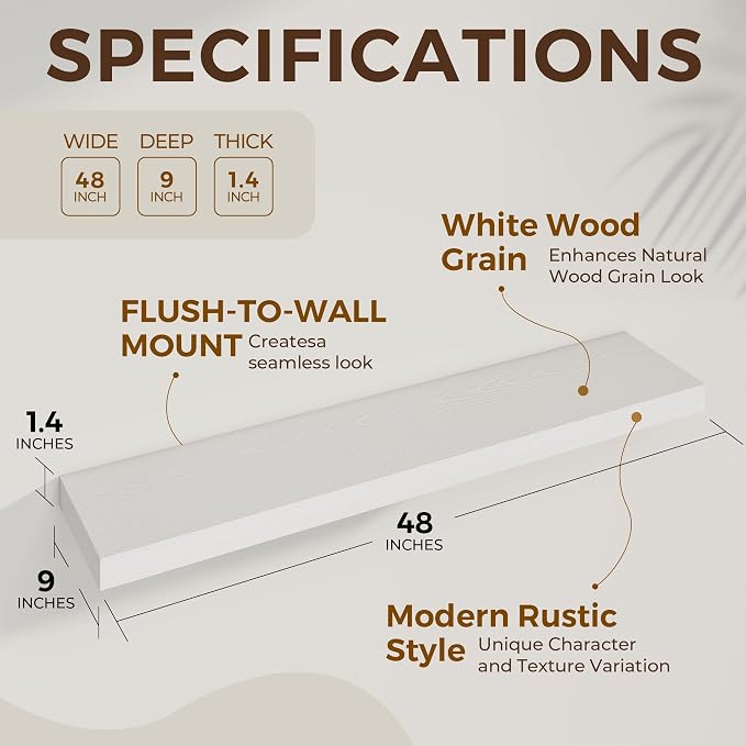 Dreamland 48Inch White Floating Shelves 9.3" Deep Wall Mounted Set of 2 | Wall shelves for bathroom, bedroom, kitchen, deep wall mount wood storage display for home decor 48" x 9.3"