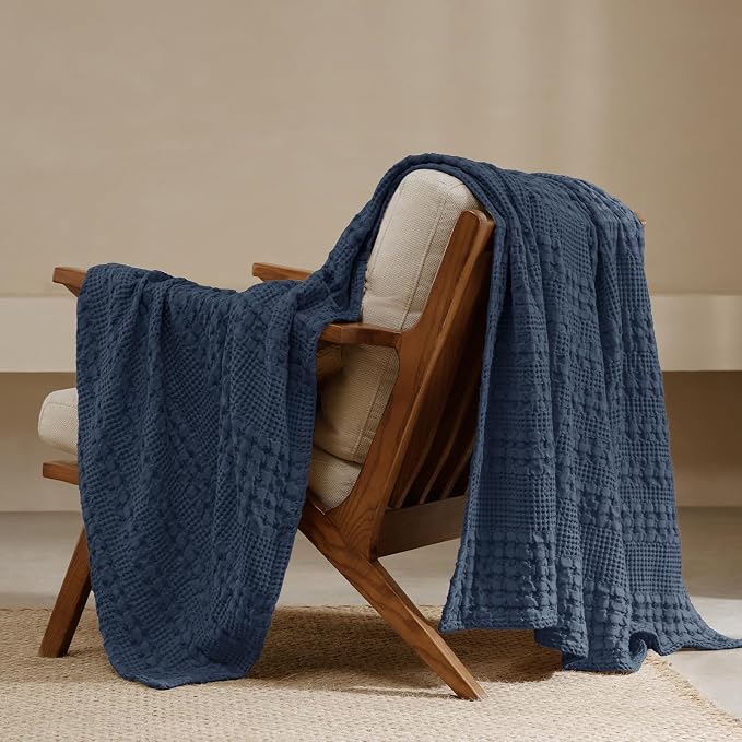 PHF 100% Cotton Waffle Throw Blanket for Couch, Lightweight Breathable and Soft for Summer, Luxury Aesthetic Waffle Weave Blanket for Home Decor & Office, Gifts for Women, 50"x60", Indigo