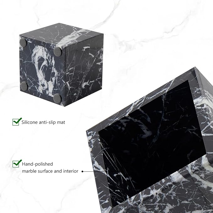 Real Luxurious Natural Marble Toothbrush Holder & Makeup Brush Organizer & Pen Holder for Desk,3.93inch Square Marble Utensil Holder Non-Ceramic/Non-Resin （Black）