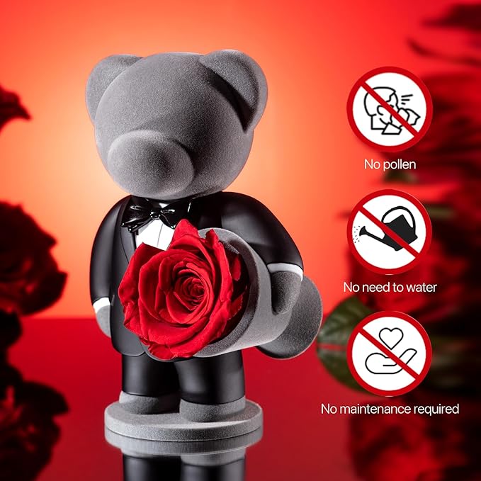 JoyFlower Preserved Flowers with Cute Teddy Bear in Suit, Unique Gentleman Bear Eternal Real Red Rose Romantic Gift with Elegant Gift Box for Girlfriend Wife Her in Valentines Birthday Anniversary