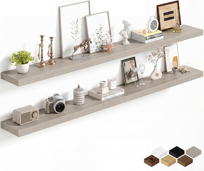 Fun Memories 72Inch Long Floating Shelves, 8 Inch Deep Shelves for Bedroom|Living Room, Wall Mounted Wood Hanging Shelf with Invisible Brackets for Fireplace Mantel Home Storage Decor, Grey - 2 Pack