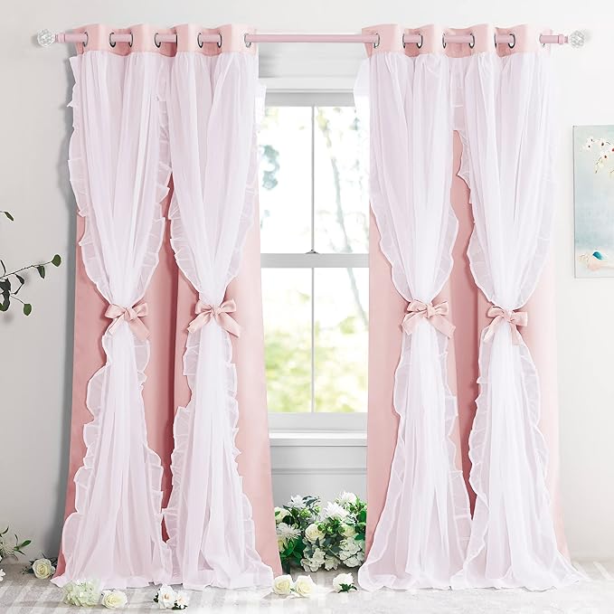 PONY DANCE Pink Curtains for Nursery, Double Layer Bow Curtains with Ruffle Sheer Overlay for Girls Bedroom,Cute Shabby Chic Room Darkening Drapes in Coquette Style,Blush Pink,52x84 inch, 2 PCs
