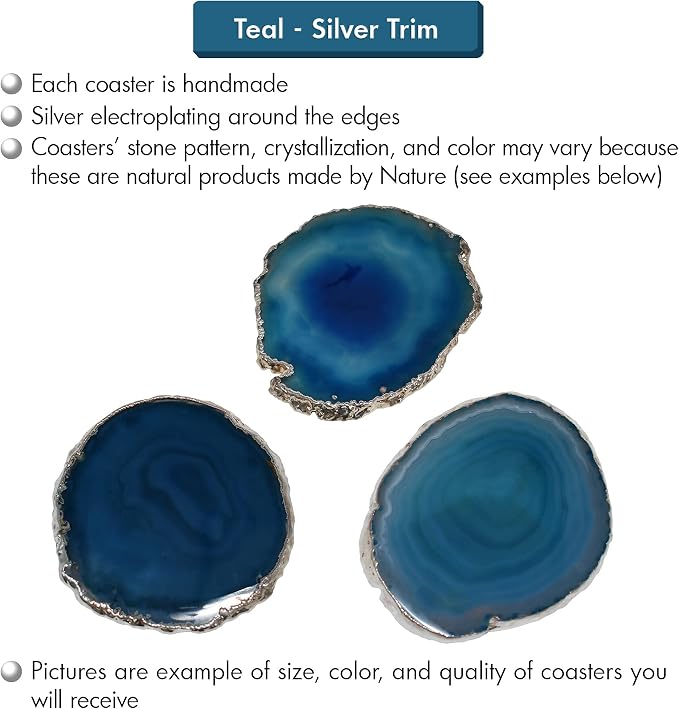 Nature's Decorations Teal Silver Rimmed Agate Stone Coasters - Set of 4, Polished Geode Drink Mats for Dining & Coffee Table & Kitchen Geode Decor Non-Toxic 3.5-4” Diameter