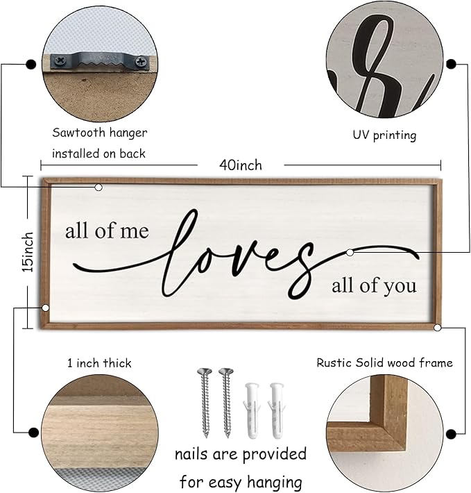 Master Bedroom Above Over Bed Wall Decor All Of Me Loves All Of You sign 40''×15'' Love Quotes Large Vintage Framed Wood Plaque Farmhouse Romantic Modren Wall Hanging Art (Wood White)