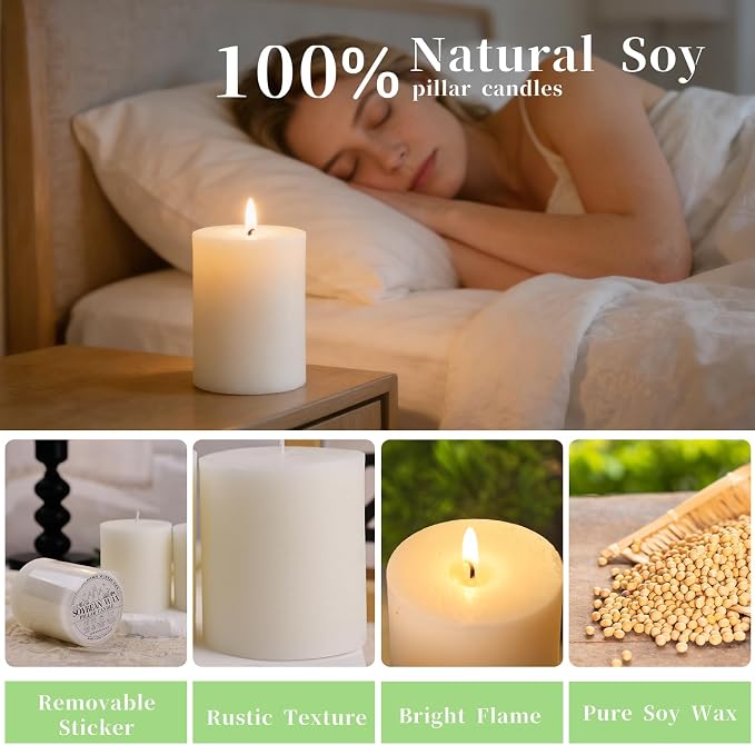Ivory Rustic Textured Soy Pillar Candles, 2.8x3 in Natural Unscented Soy Wax Candles, 180 H Burn Time, Non-Toxic, 6 Pack Smokeless Dripless Hand-Poured Pillar Candle for Dinner, Wedding, Home