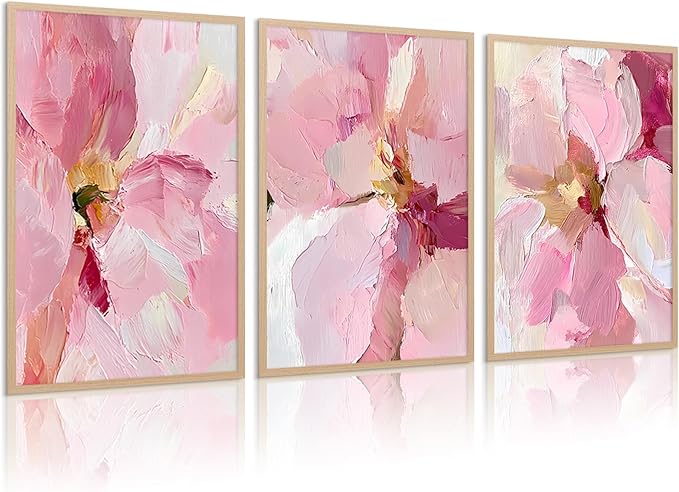 Abstract Floral Wall Art Pink Flower Canvas Pictures Modern Wall Decor Blush Pastel Pink Prints Peony Painting Minimalist Poster Botanical Artwork for Bedroom Living Room 24x36 Inch Unframed set of 3