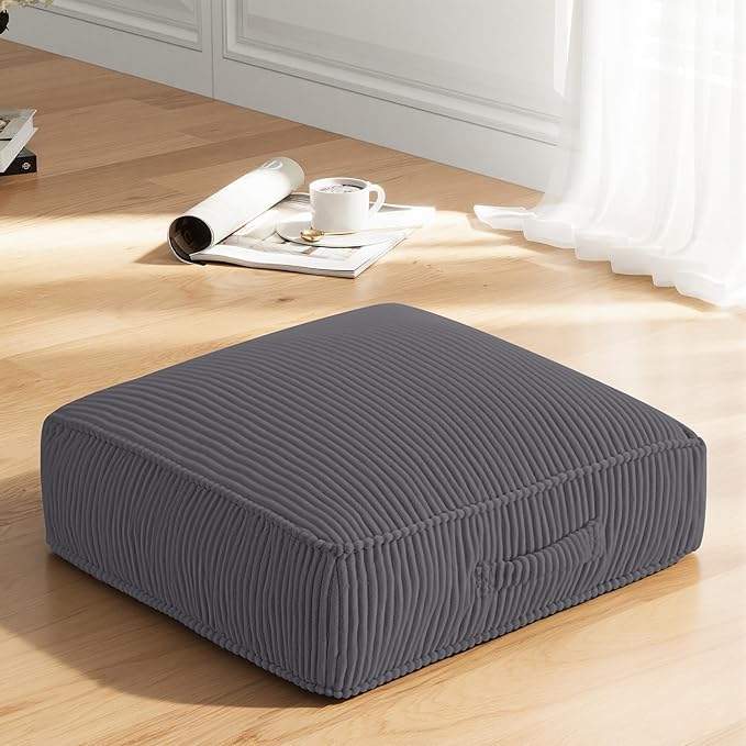Meditation Floor Pillow for Adults, 8" Extra Thick Floor Cushion for Sitting with Washable Cover, Large Corduroy Meditation Pillow, 24 inches Tatami Seat with Handle for Yoga Pillow, Grey