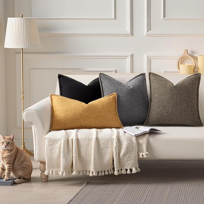 decorUhome Summer Decorative Throw Pillow Covers 26x26 Set of 2 Square Faux Linen Outdoor Neutral Farmhouse Euro Sham Pillow Covers with Stitched Edge for Couch Sofa Living Room, Black