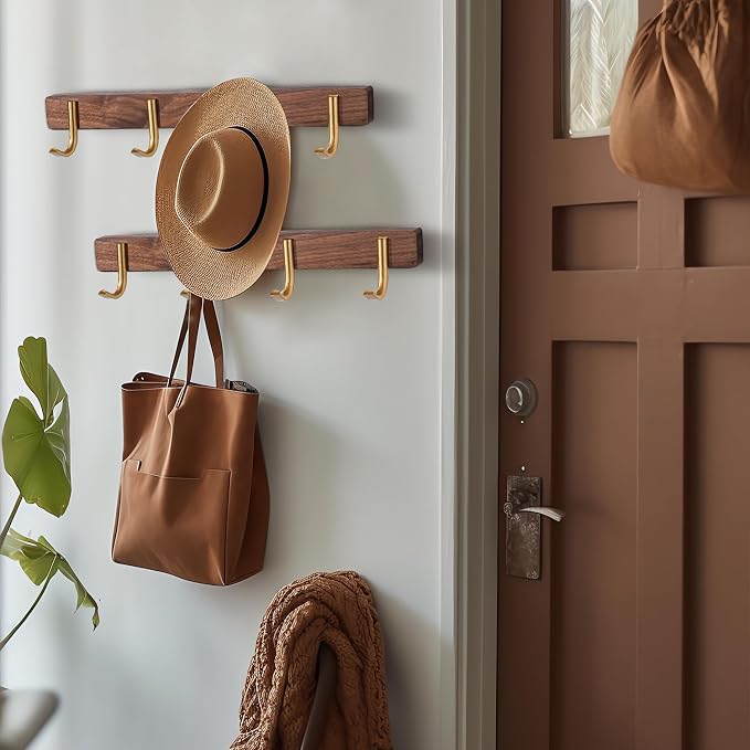 Wall Mounted Coat Rack, Entryway Hanging Coat Rack, Metal Wood Coat Rail with 4 Rustic Hooks Rail for Coat, Scarf, Bag, Towel, Key, Cap, Hat, Walnut Gold Matt