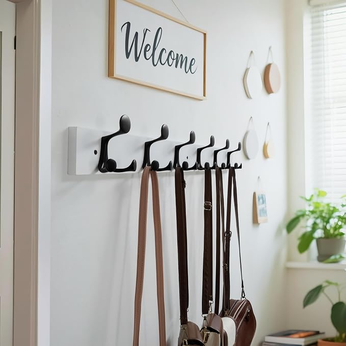 WEBI Coat Rack Wall Mount,36" Solid Wood Coat Hooks Wall Mounted Coat Hanger,16" Hole to Hole,Heavy Duty Hook Rack Rail,6 Triple Hooks for Hanging Coats,Jacket,Clothes,Hat,Backpack,White