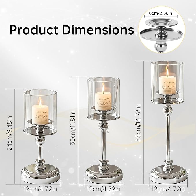 Sliver Hurricane Candle Holders - Set of 3 Tall Candlestick Holders Windproof Taper Candle Holders, Metal Stand for Table Centerpiece Outdoor Indoor Wedding Party Holiday Decor