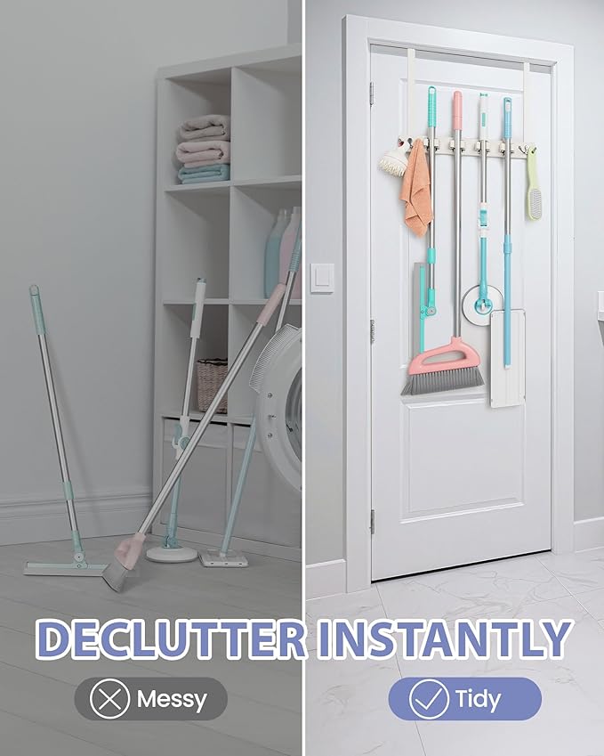 FANGSUN Broom Holder Door Mount Hanging, Over The Door Broom and Mop Organizer with 4 Slots and 4 Hooks, Wooden Tool Rack Storage Hanger for Laundry, Closet, Garage, No Drills