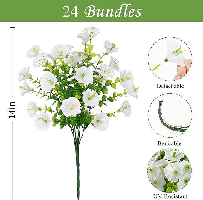 Waipfaru 24 Bundles Artificial Flowers for Outdoors Faux Plants Outdoor, UV Resistant Artificial Plants, Silk Petunias Fake Flowers for Outside Home Decor Planter Porch Decoration, White