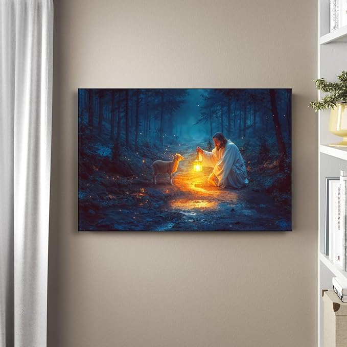 Christian wall art decor for prayer room ,Jesus and Lamb canvas Wall decor, Jesus Running After Lost Lamb Picture for Home Decor, Baptism gifts for boys-girl, serenity prayer wall art A-393 (24"X16")