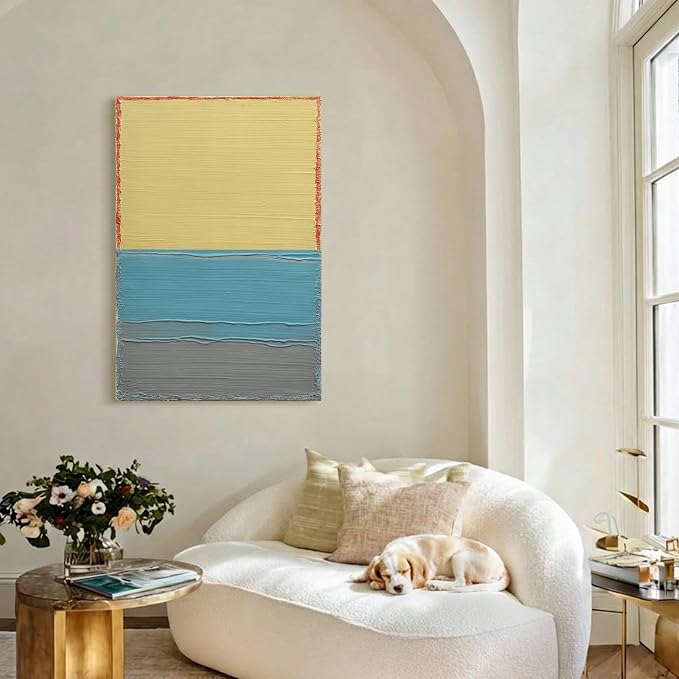 Modern Abstract Canvas Wall Art for Living Room, 3D Textured Oil Painting | Contemporary Colorful Hand-Painted Artwork for Bedroom Office Hallway, Minimalist Block Lines Pictures Wall Decor 24x36 Inch