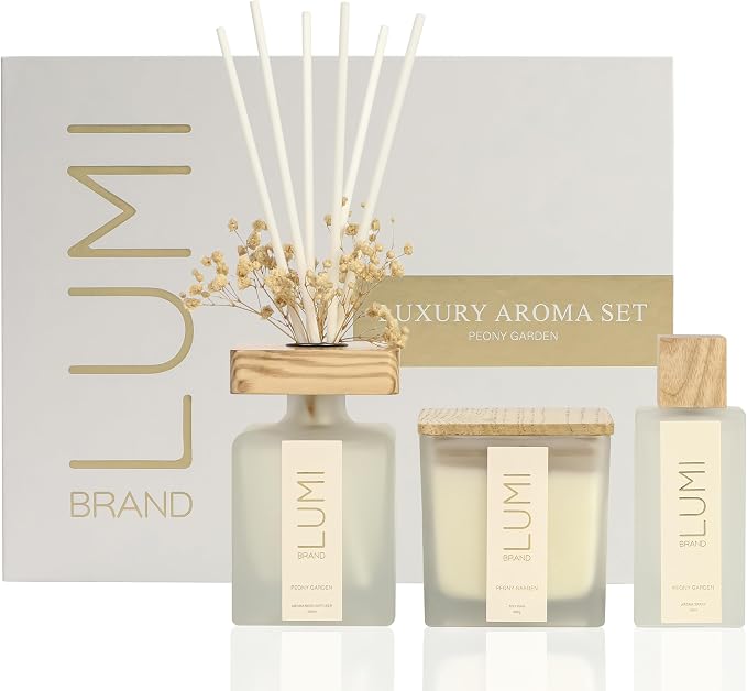 Luxury Aroma Gift Set | Peony Garden Scent - Reed Diffuser (200ml), Wood Wick Soy Candle (200g), Room Spray (50ml) | Includes Dried Flowers & 8 Reeds | Luxurious Fragrance for Home Décor | Great Gifts